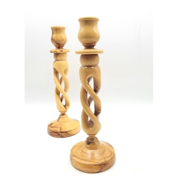 Hand Turned Olive Wood Candle Holders Set2 Rustic Luxury Decor Holy Land Holiday - Picture 6 of 11